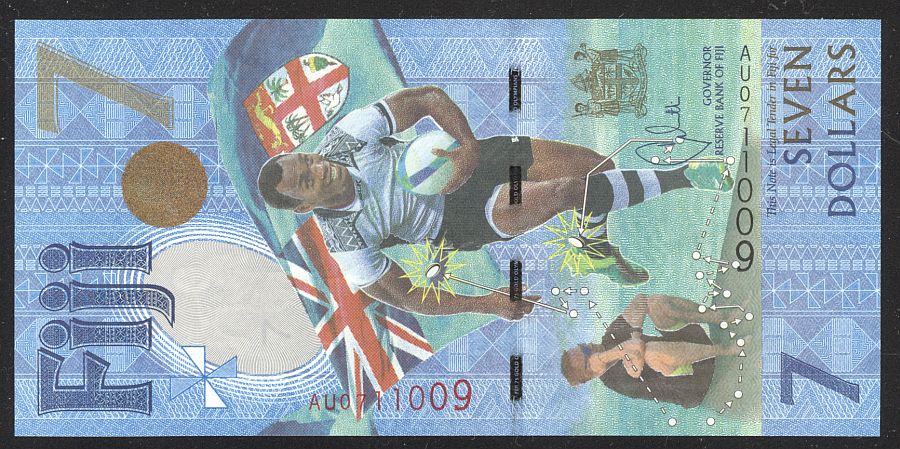 Fiji, 2016 $7 Polymer "Rugby" Note, Rugby 7s Gold Olympians Commemorative Note, GemCU